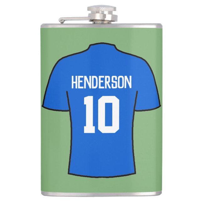 Blue Football Shirt mit Name und Number Flask Flachmann (Vorderseite)