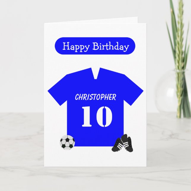 Blue Football Shirt Personalisiert 10. Geburtstag Karte (Vorderseite)