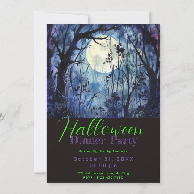 Blue Forest Full Moon Halloween Abendessen Party Einladung (Vorderseite)