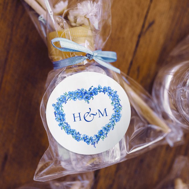 Blue forget me nots inked art wedding monogram runder aufkleber (Von Creator hochgeladen)