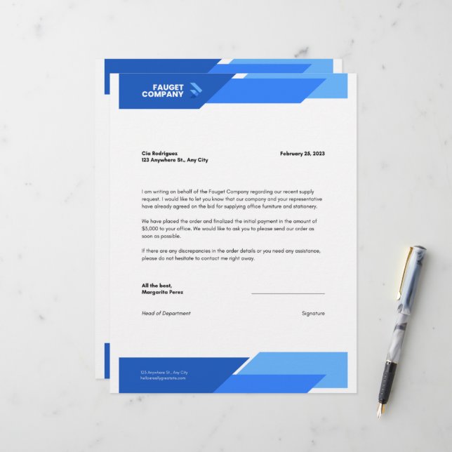 Blue Formal Company Letterhead Briefbogen (Vorderseite/Rückseite Beispiel)