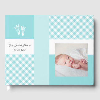 Blue Foto Birth Announcement Gingham Footprints Gästebuch