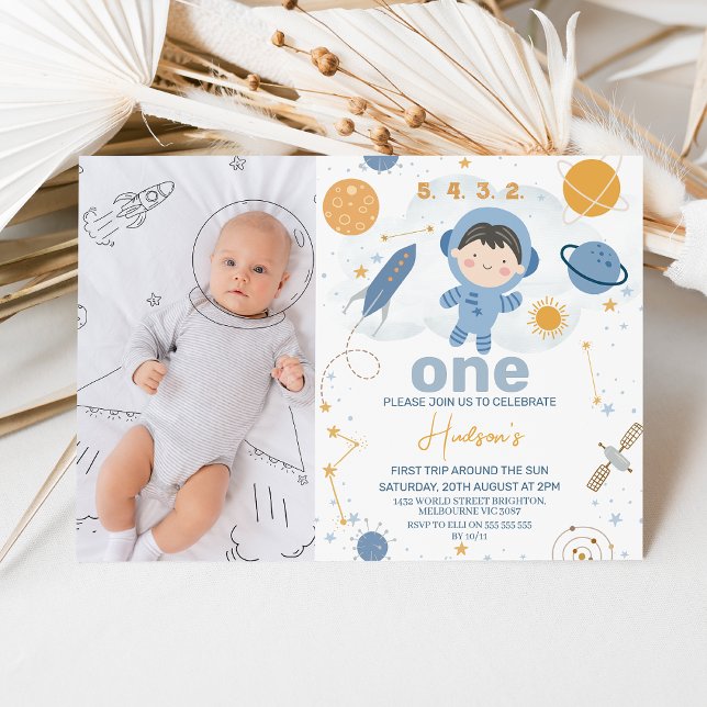 Blue Foto Erster Ausflug rund um die Sonne 1. Gebu Einladung (First Trip Around The Sun 1st Birthday Invitation, Boys Outer Space Birthday Invite, Blue Orange, )