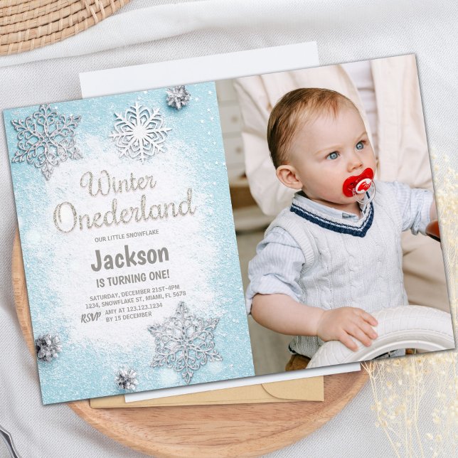 Blue Foto Glitzer Winter Einladungen ONEderland (Blue Photo Glitter Winter ONEderland Invitations)