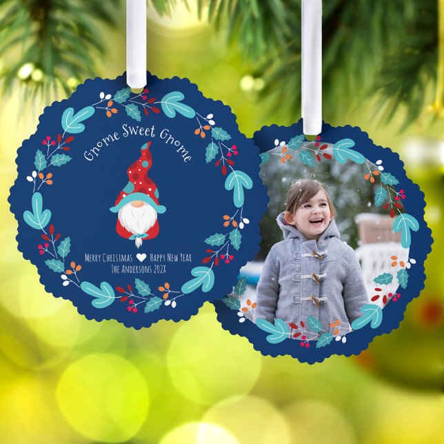 Blue Foto Gnome Sweet Gnome Elf Blumenstraube Ornament Karte (Von Creator hochgeladen)