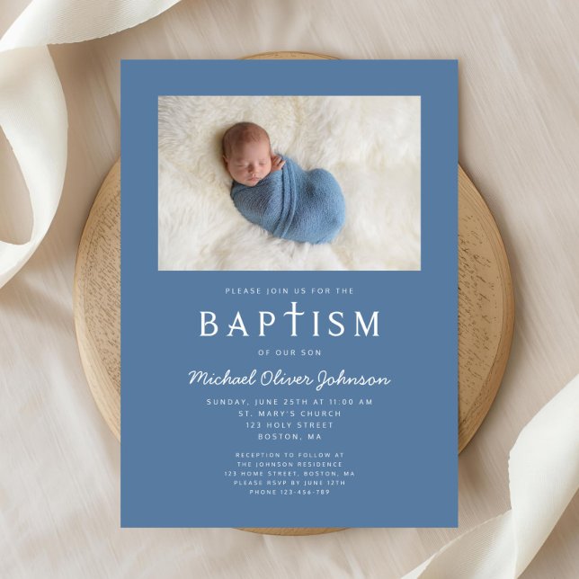Blue Foto Religious Cross Boy Baptism Einladung (Blue Photo Religious Cross Boy Baptism Invitation)