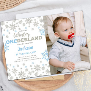 Blue Foto SnowFlake Winter Geburtstag Onederland Einladung