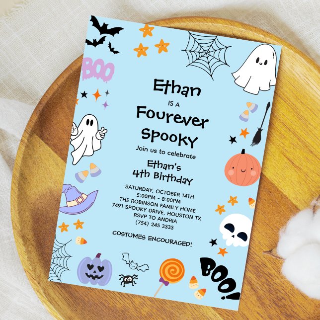 Blue Four Ever Spooky Ghost Halloween 4. Geburtsta Einladung (Blue Four Ever Spooky Cute Ghost Boy Halloween 4th Birthday Invitation )