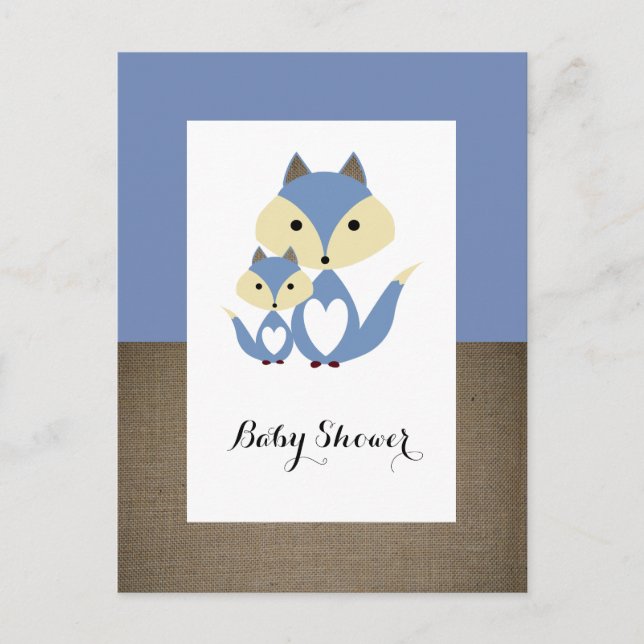 Blue Fox Burlap Baby Dusche Einladung (Vorderseite)