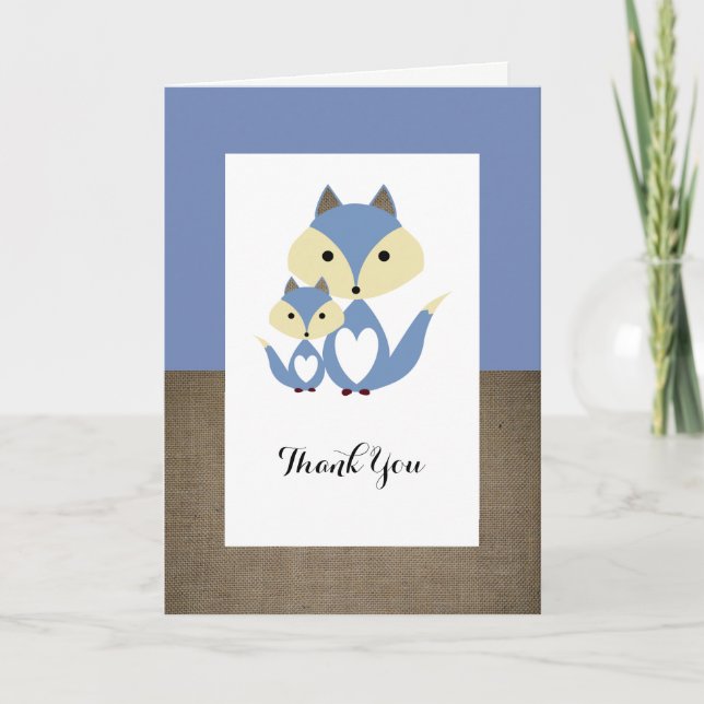 Blue Fox Burlap Baby Dusche Vielen Dank Dankeskarte (Vorderseite)