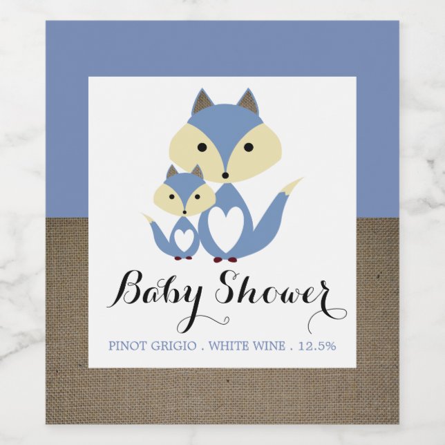 Blue Fox Burlap Baby Dusche Weinetikett (Einzelnes Label)