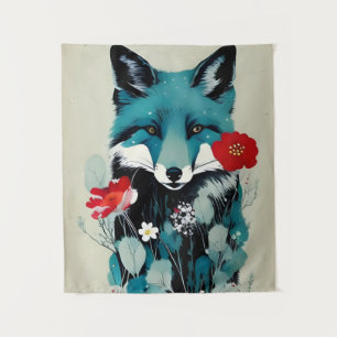 Blue Fox Rot und Weiße Blume Wandteppich