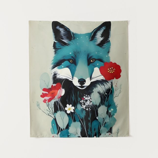 Blue Fox Rot und Weiße Blume Wandteppich (Vorderseite)