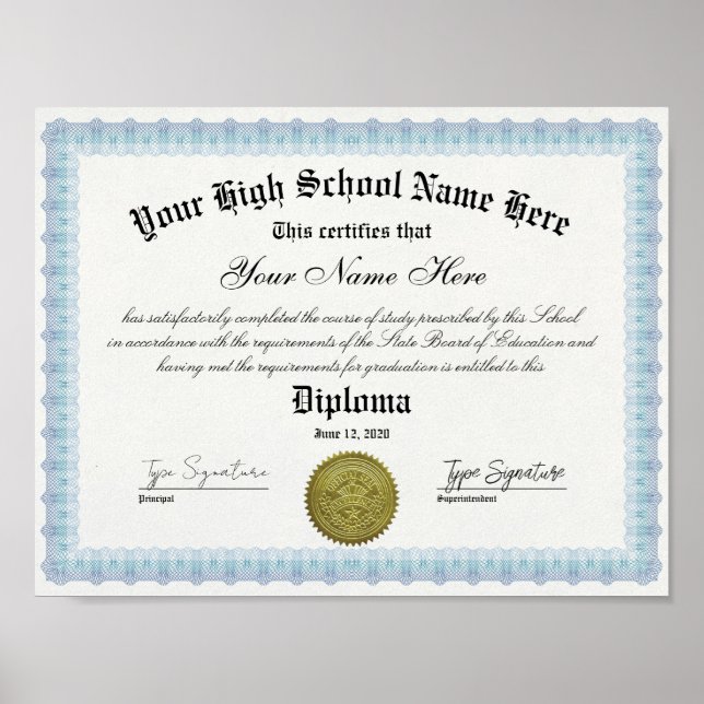 Blue Frame High School Diploma Certificate Poster (Vorne)