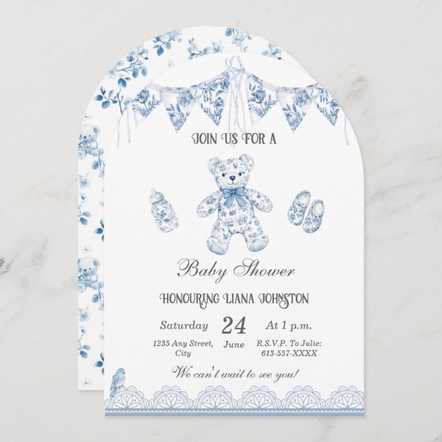 Blue French Bear-Baby Boy Shower Einladung (Vorne/Hinten)