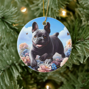 Blue French Bulldog & Blume Keramik Ornament
