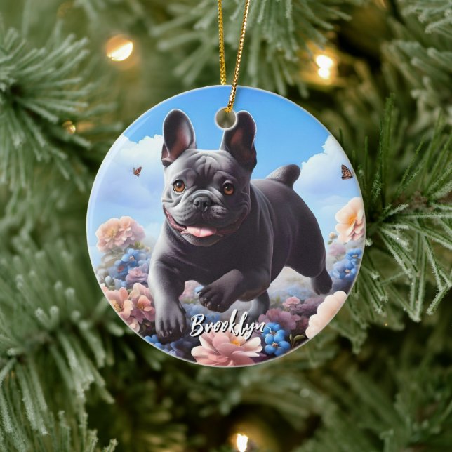 Blue French Bulldog & Blume Keramik Ornament (Baum)