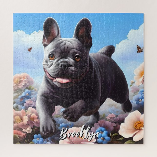 Blue French Bulldog & Blume Puzzle (Vertikal)