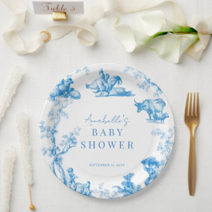 Blue French Country Farm Animal Boy Baby Dusche Pappteller