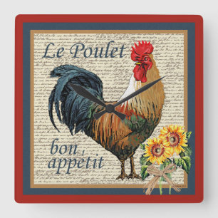 Blue French Country Kitchen Rooster Quadratische Wanduhr