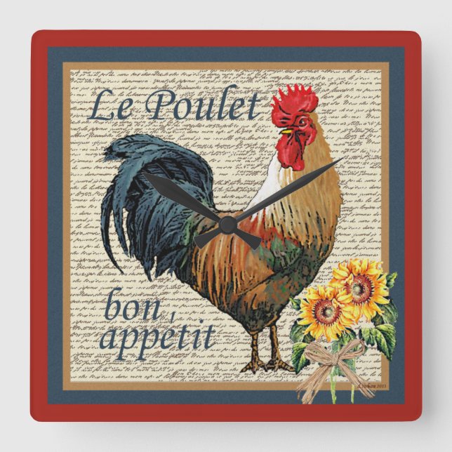 Blue French Country Kitchen Rooster Quadratische Wanduhr (Vorderseite)