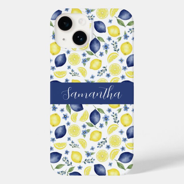 Blue French Country Lemon Pattern Name Case-Mate iPhone Hülle (Rückseite)