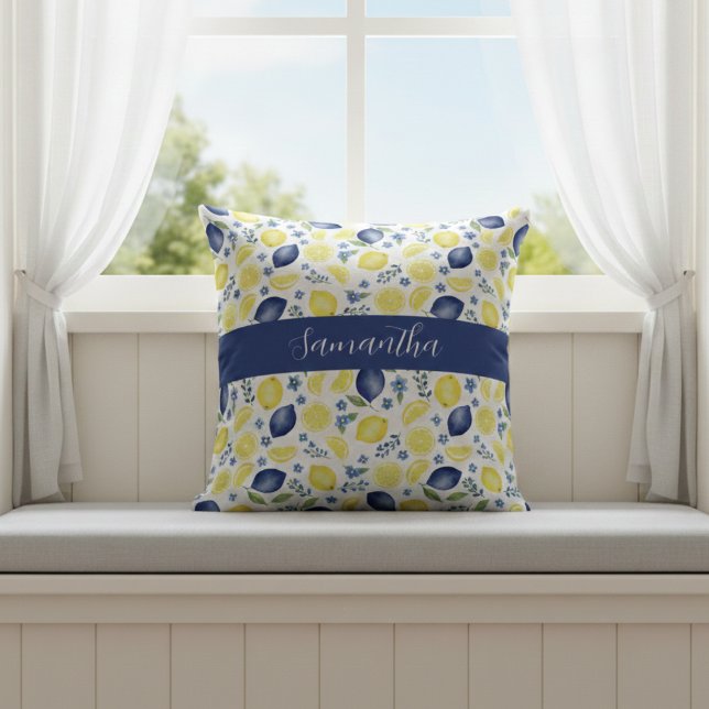 Blue French Country Lemon Pattern Name Kissen (Von Creator hochgeladen)