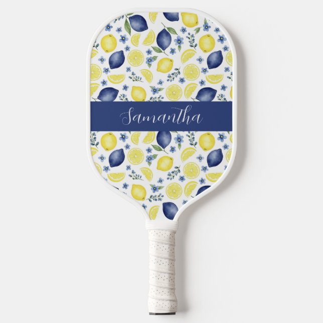 Blue French Country Lemon Pattern Name Pickleball Schläger (Vorderseite)