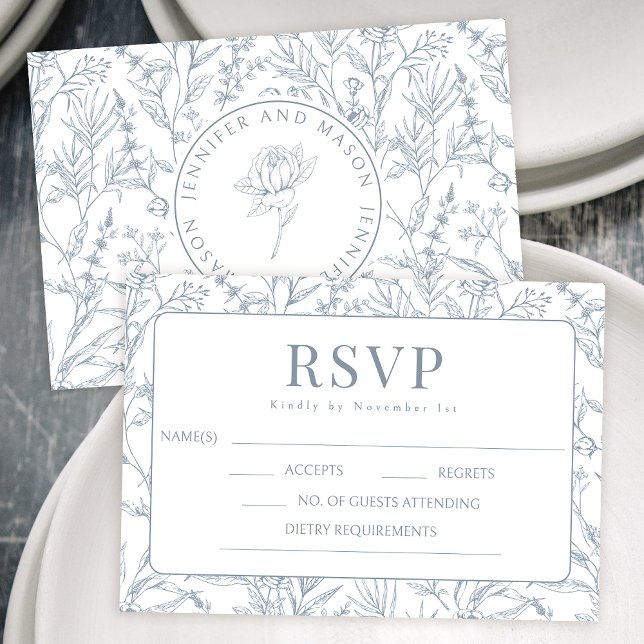 Blue French floral monogram weded RSVP cards (Von Creator hochgeladen)
