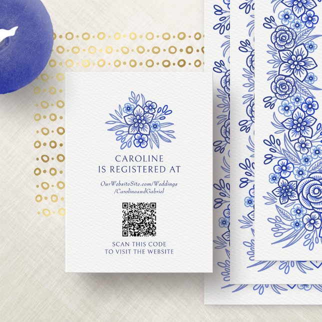Blue French Floral Registry Brautparty Begleitkarte (Von Creator hochgeladen)