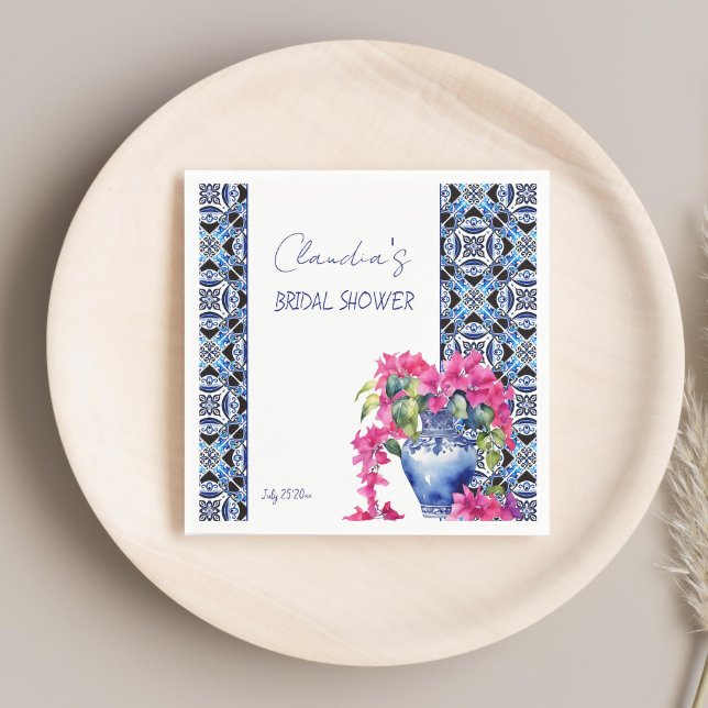 Blue French Tiles Bougainvillea Brautparty Serviette (Blue French Mediterranean Tiles Bougainvillea ceramic vase bridal shower printed Napkins table decor)
