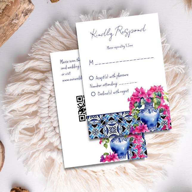 Blue French Tiles Bougainvillea RSVP Karte (Blue French Tiles Bougainvillea elegant wedding RSVP Card)