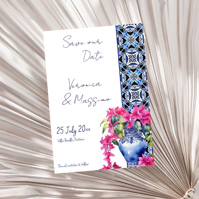 Blue French Tiles Bougainvillea Save The Date (Blue French Talavera Azulejo Tile Bougainvillea elegant Mediterranean wedding Save The Date template)