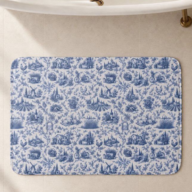 Blue French Toile Countryside Rose Branch Pattern  Badematte (Von Creator hochgeladen)