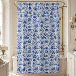 Blue French Toile Countryside Rose Branch Pattern  Duschvorhang