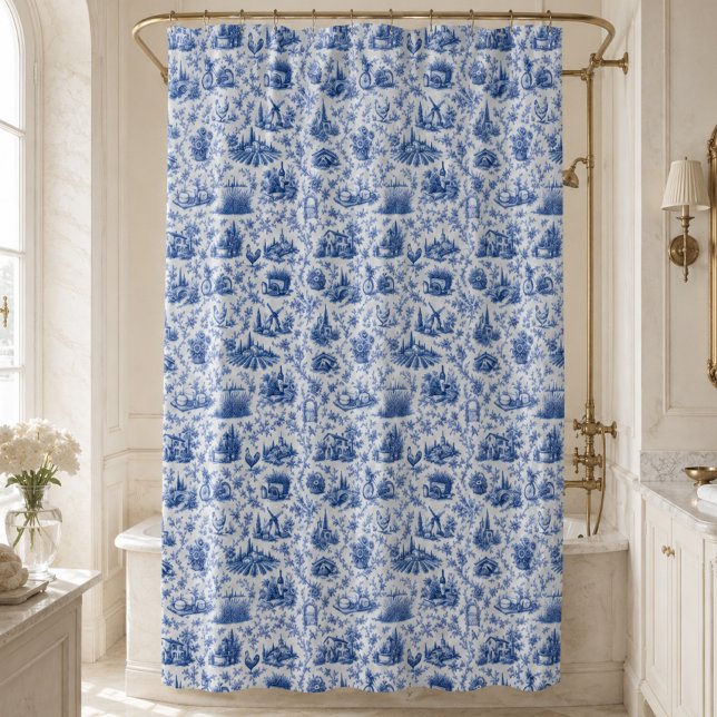 Blue French Toile Countryside Rose Branch Pattern  Duschvorhang (Von Creator hochgeladen)