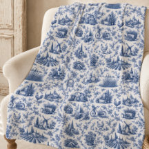 Blue French Toile Countryside Rose Branch Pattern 