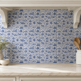 Blue French Toile Countryside Rose Branch Pattern Fliese