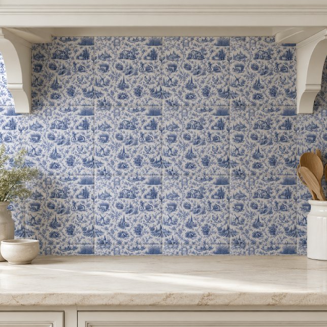Blue French Toile Countryside Rose Branch Pattern Fliese (Von Creator hochgeladen)