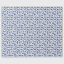 Blue French Toile Countryside Rose Branch Pattern 