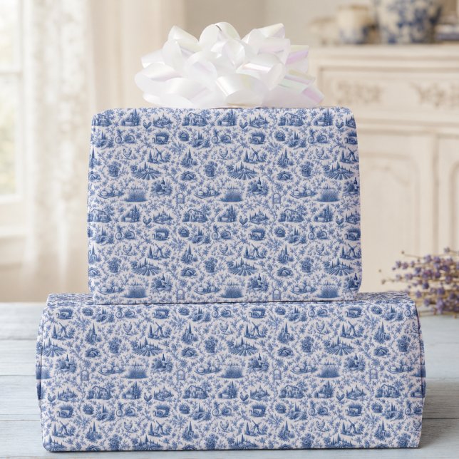 Blue French Toile Countryside Rose Branch Pattern  Geschenkpapier (Von Creator hochgeladen)