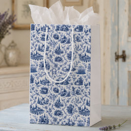 Blue French Toile Countryside Rose Branch Pattern Mittlere Geschenktüte