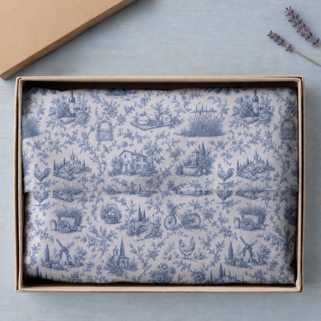 Blue French Toile Countryside Rose Branch Pattern  Seidenpapier (Von Creator hochgeladen)
