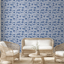 Blue French Toile Countryside Rose Branch Pattern  Tapete