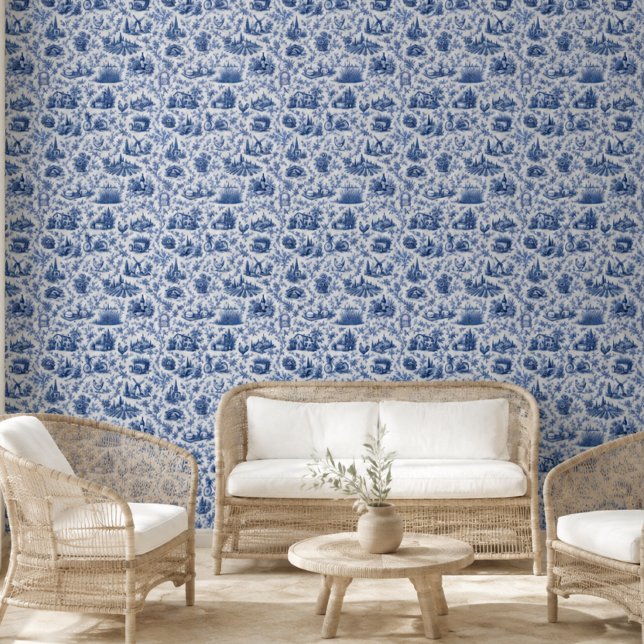 Blue French Toile Countryside Rose Branch Pattern  Tapete (Von Creator hochgeladen)