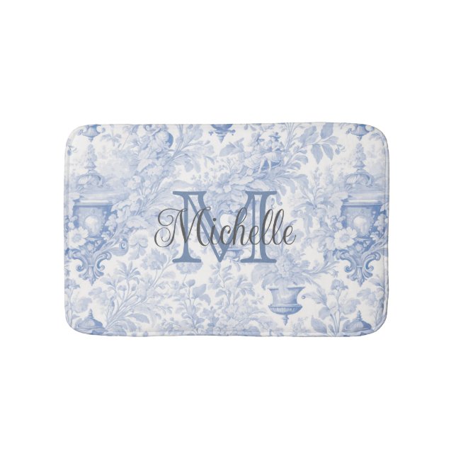 Blue French Toile de Jouy Monogram, Anfangsname Badematte (Vorderseite)
