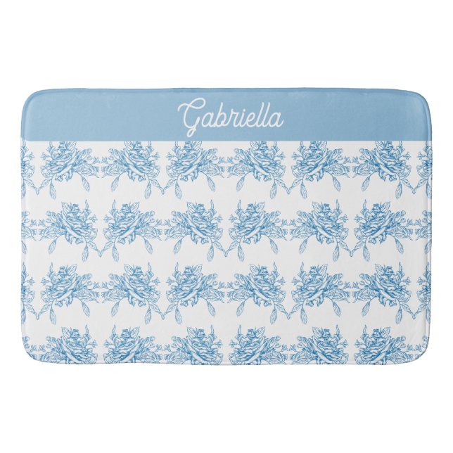 Blue French Toile Floral Pattern Name Badematte (Vorderseite)