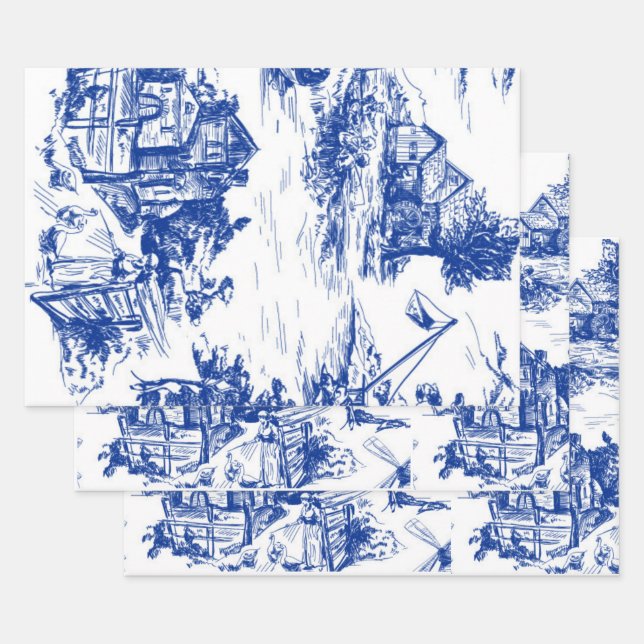 Blue French Toile Round Geschenkpapier Set (Set)