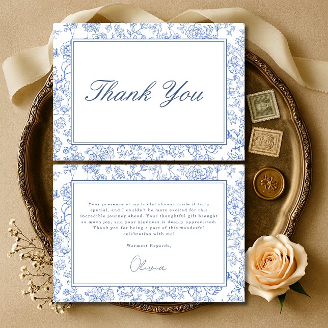 Blue French Vintage Floral Bridal Shower Dankeskarte (Von Creator hochgeladen)