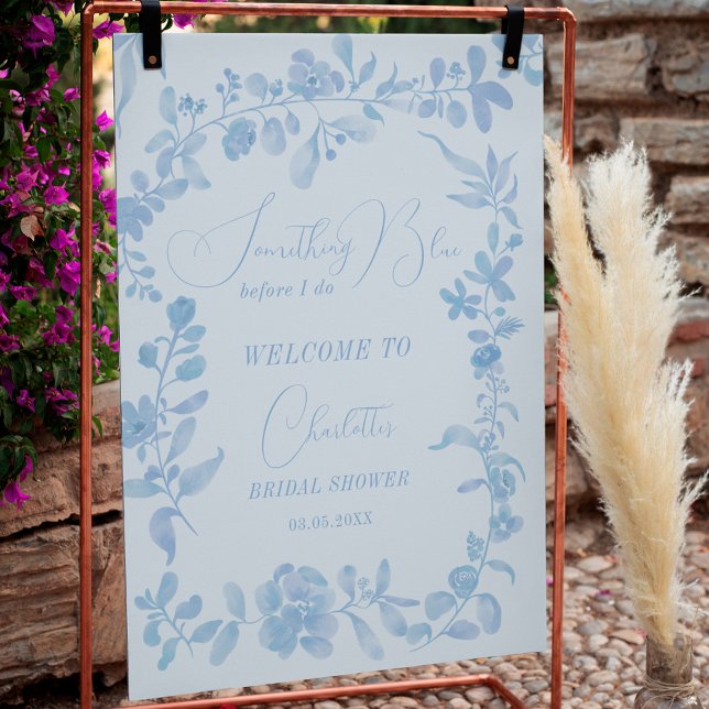 Blue french vintage floral welcome bridal shower poster (Blue french vintage floral welcome bridal shower poster on blue)